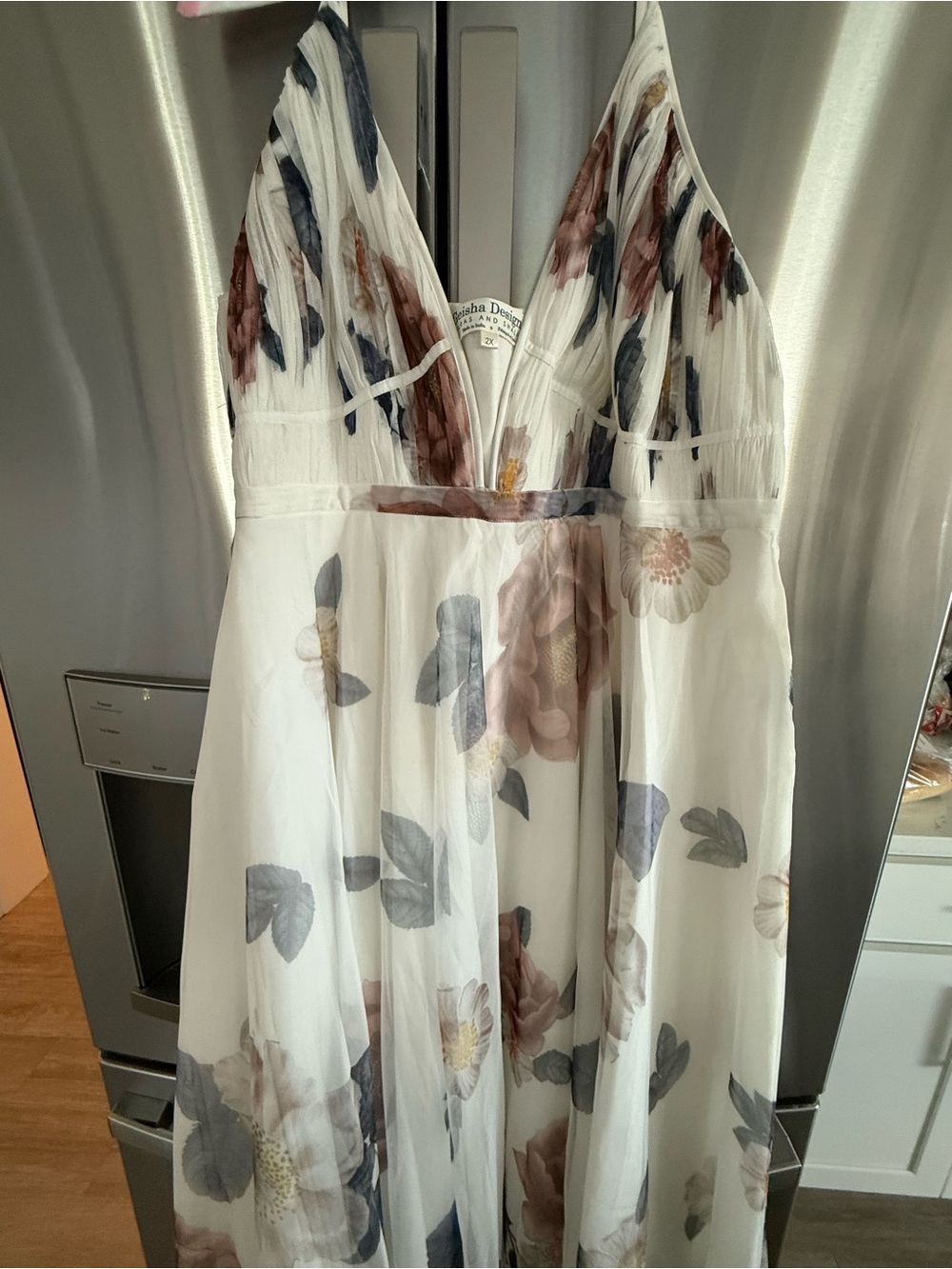Anthropologie Floral White V-Neck Pleated Maxi Dress